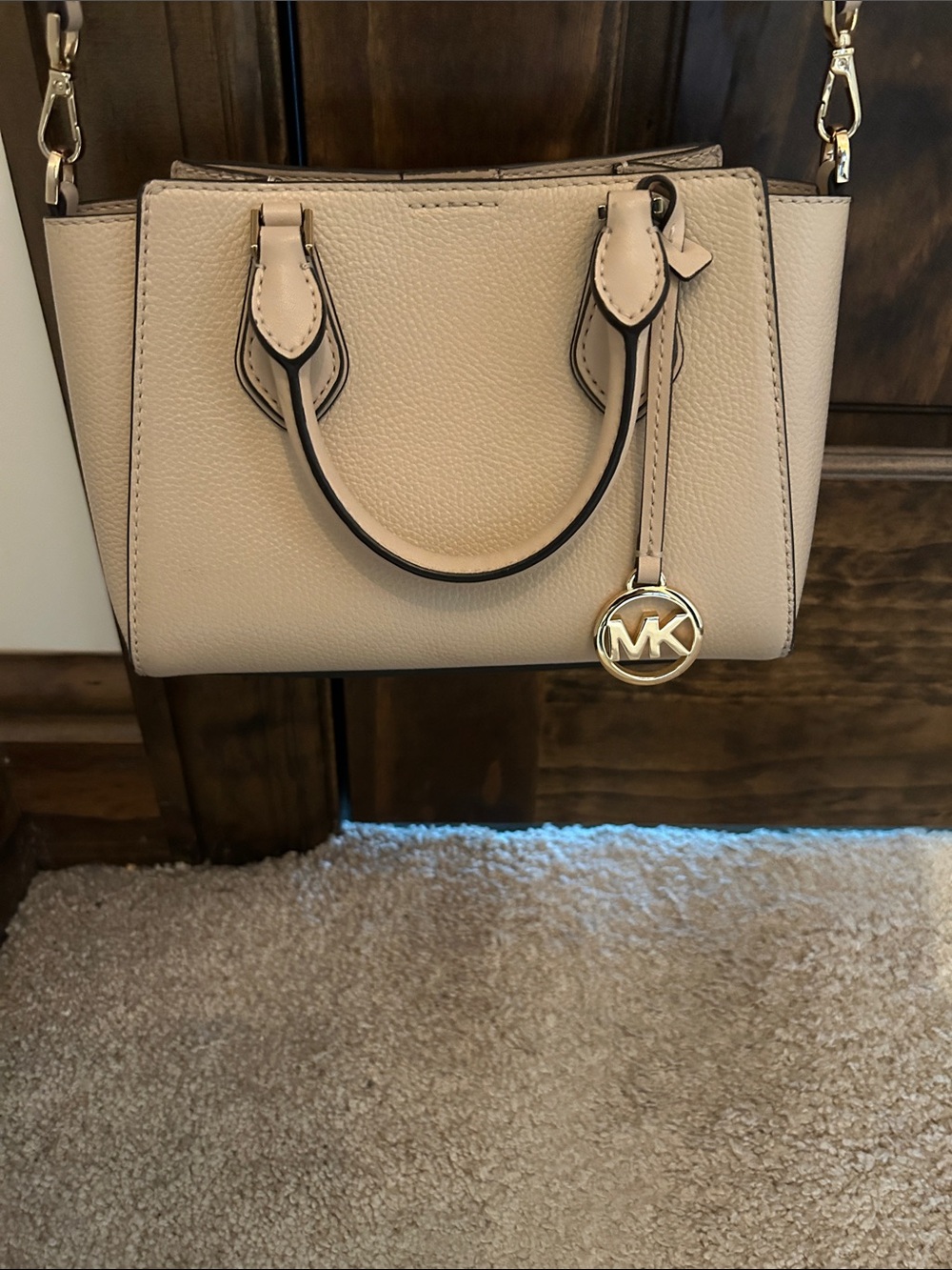 Michael Kors Light Pebbled Leather Satchel with Gold MK Charm